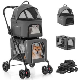Double Pet Stroller Foldable 3-in-1 Dog Stroller with 2 Detachable Carriers (Color: Grey)